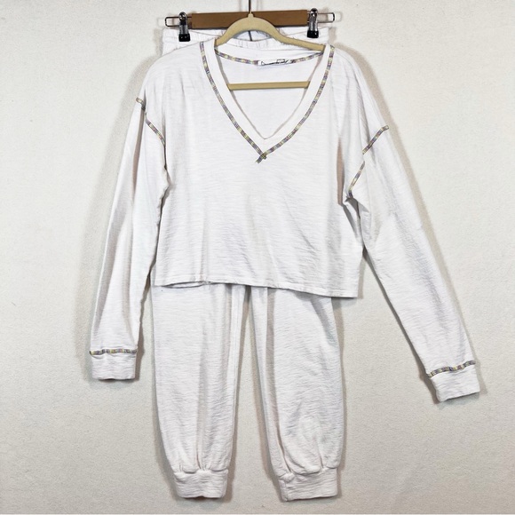 Self Contrast White Cotton Jogger Loungewear Set Sze M Colorful Embroidered Seam - Picture 2 of 13